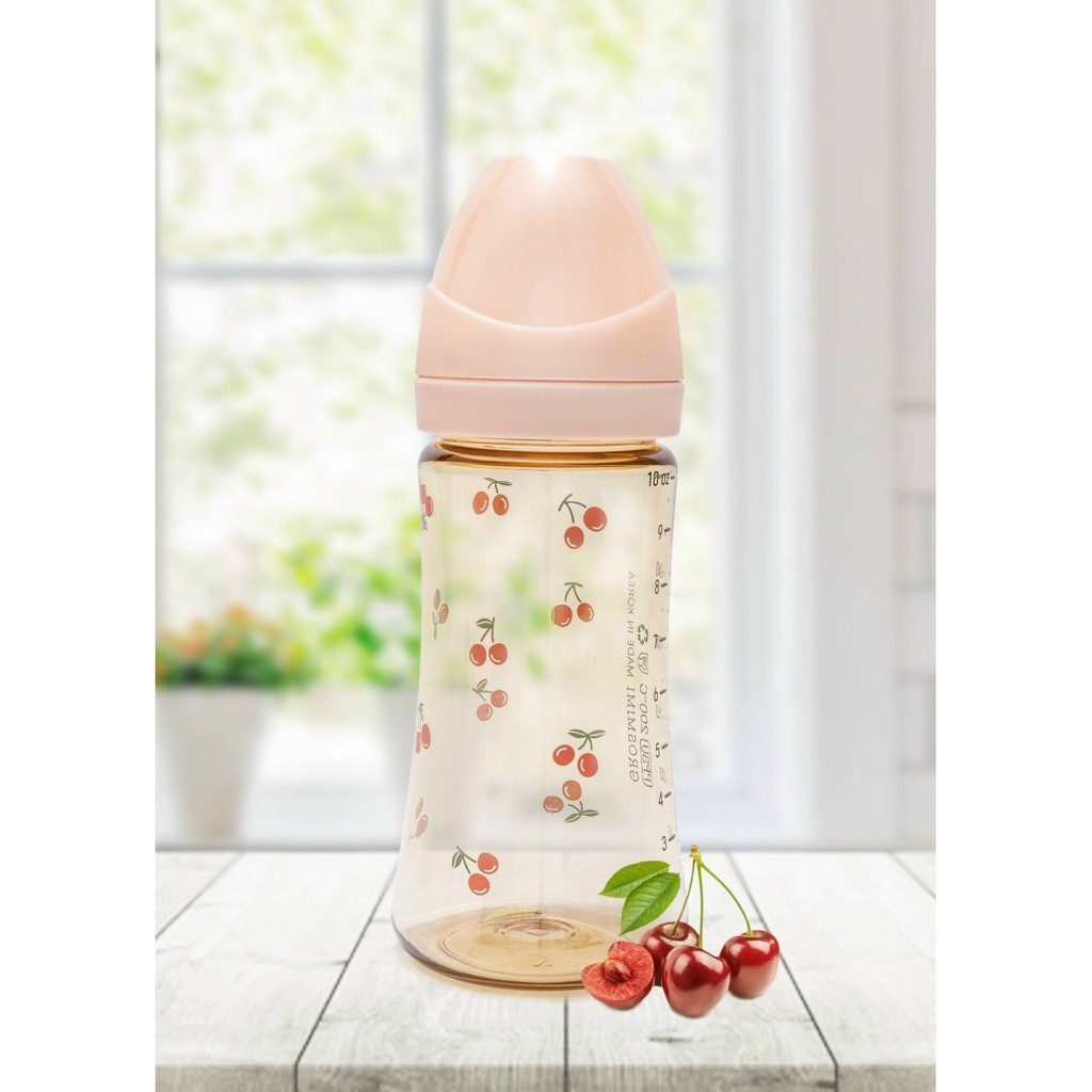 Tách set- Bình sữa Grosmimi PPSU Cherry 200ml 300ml Hàn Quốc tùy chọn núm ti, bình sữa hoạ tiết cherry núm ti siêu mềm