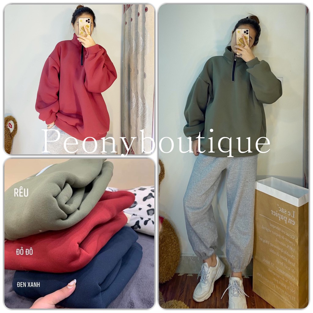 Áo Nỉ Cổ Lọ Lót Lông Nữ [FREESHIP] 🌸 Sweater hoodie khóa zip oversize tay bồng dáng rộng màu XANH | ĐỎ Ulzzang HOT 🌸