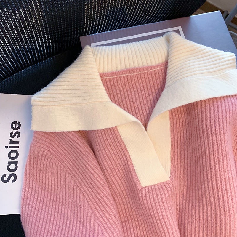 Áo Sweater Dệt Kim Cổ Chữ V Màu Sắc Tương Phản Phong Cách Hàn Quốc Thời Trang Mùa Thu Cho Nữ