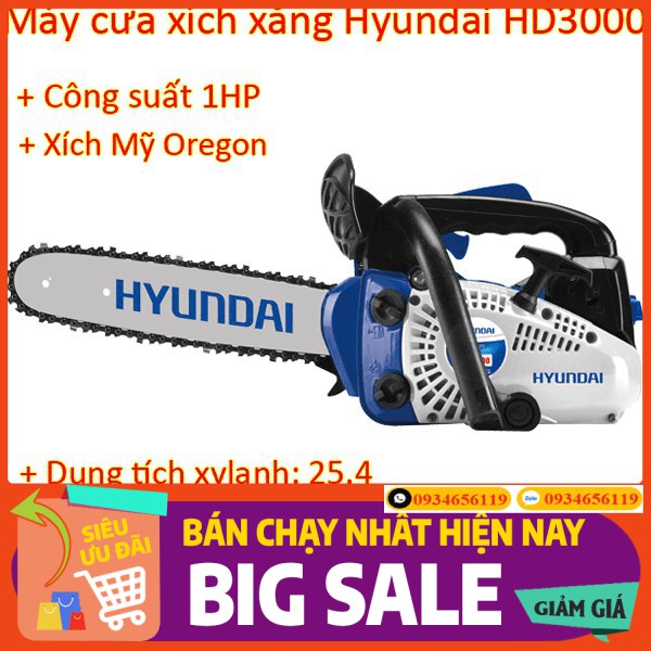 Máy cưa xích chạy xăng Hyundai HD-3000 1HP chính hãng, mạnh mẽ bền bỉ, phù hợp cưa cành, trèo lên cây cưa