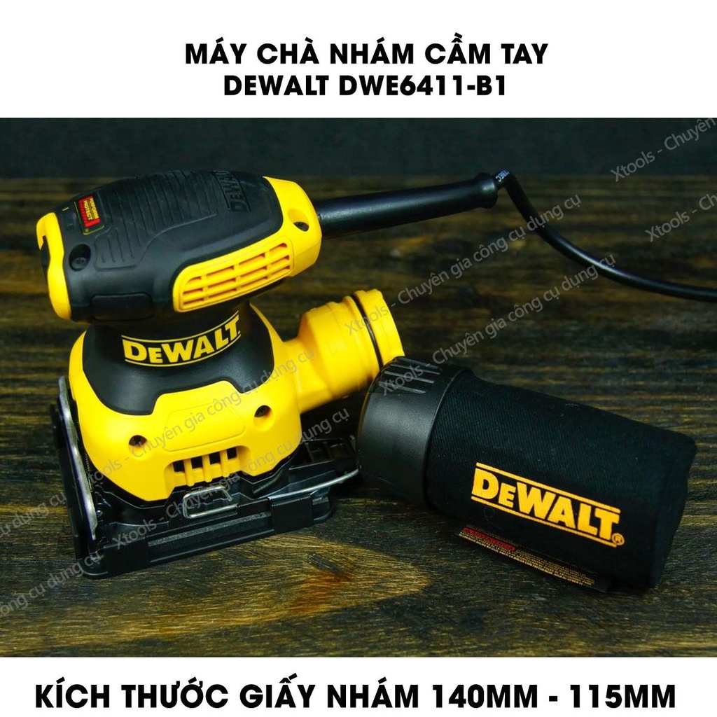 Máy chà nhám cầm tay DeWALT kèm đế chà và túi chứa bụi, đa tốc độ cơ chế tự động hút bụi nhám, vỏ máy cách điện 2 lớp