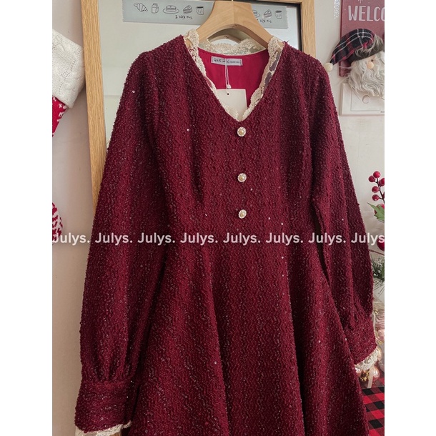 Đầm dạ tweed đỏ ren cổ cúc ngọc (ảnh thật shop chụp kèm video) | BigBuy360 - bigbuy360.vn