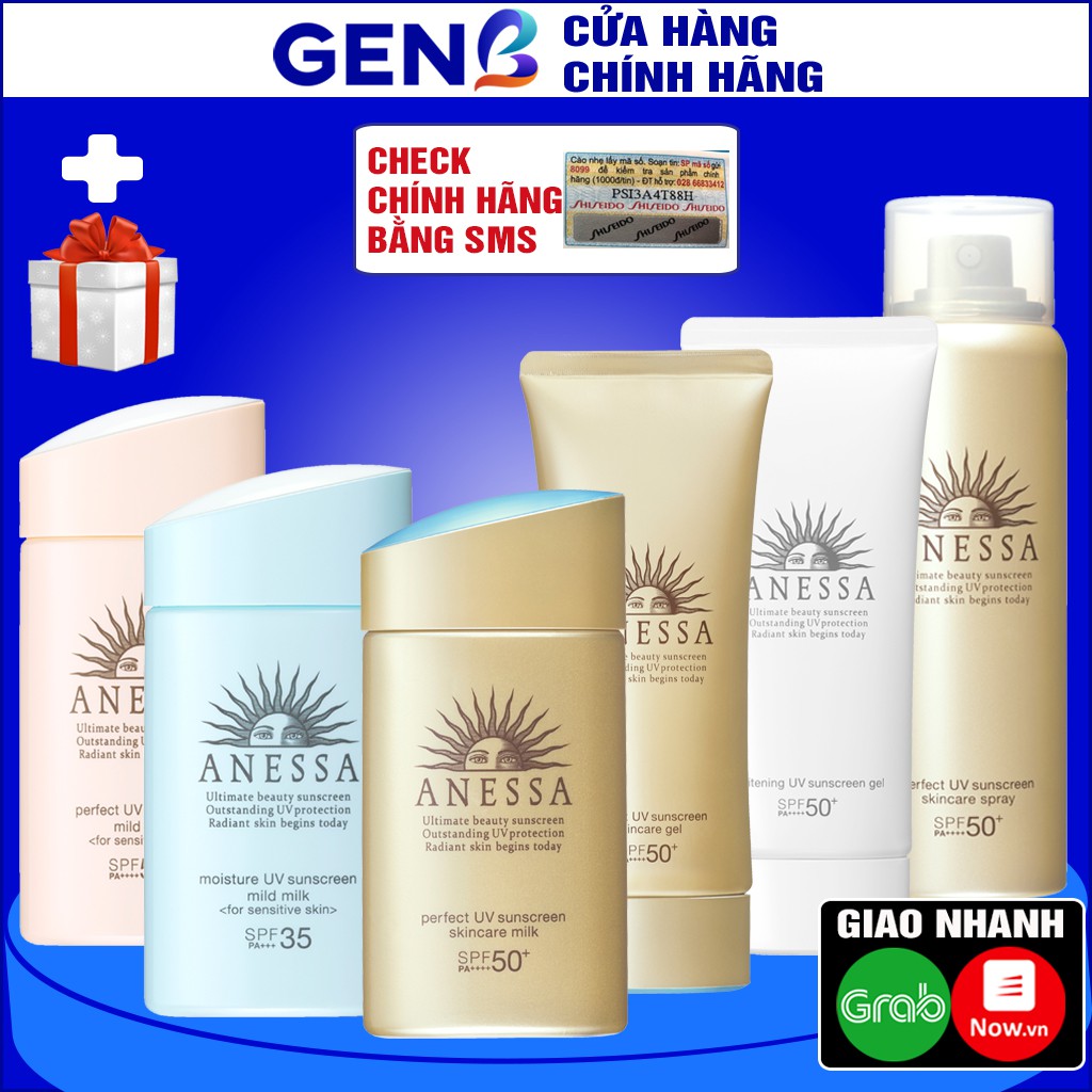 Kem Chống Nắng Anessa Perfect UV CHÍNH HÃNG Mild Milk Xanh/ Gel/ Xịt Kcn Dưỡng Trắng Cho Da Mặt, Toàn Thân Mỹ Phẩm GENB