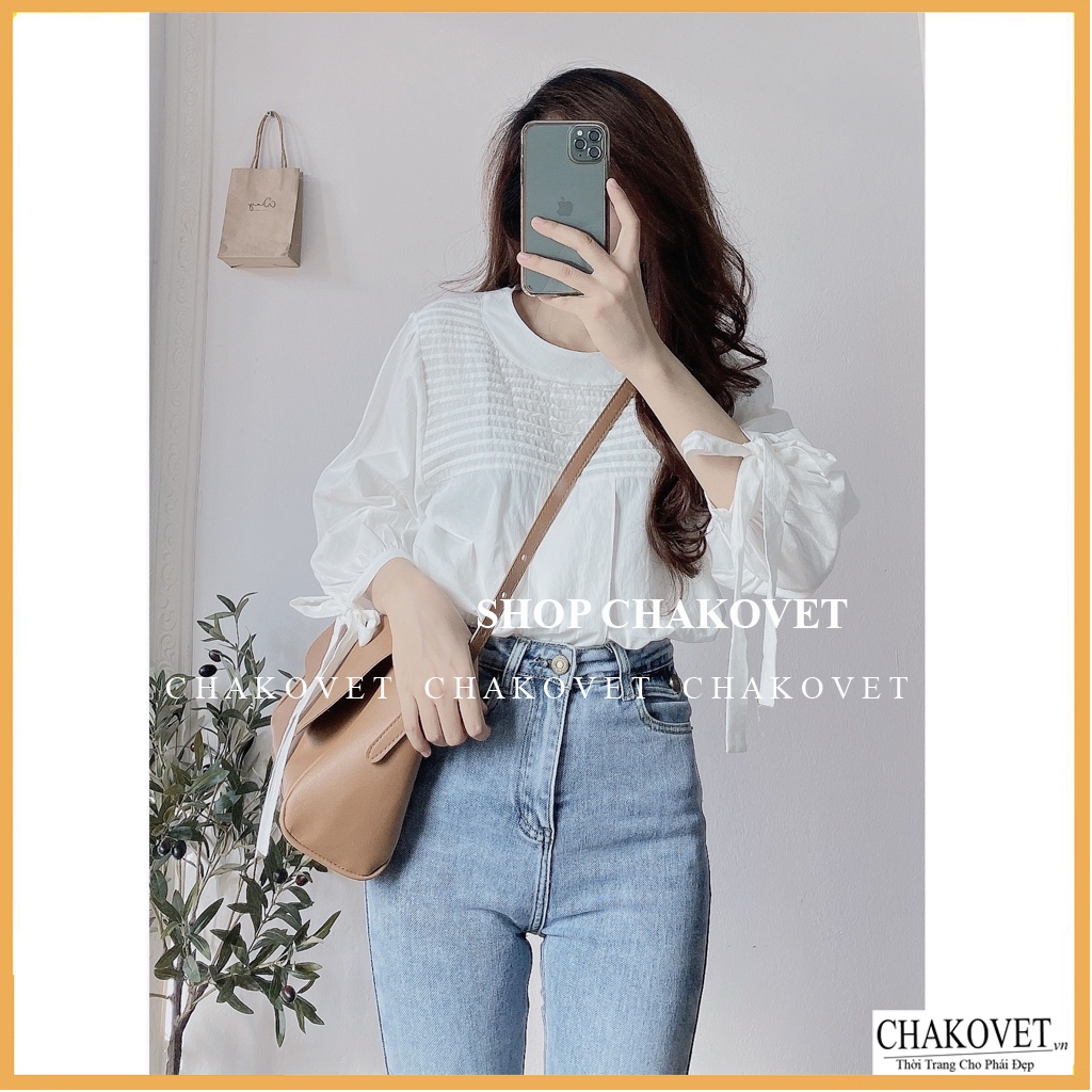 Áo sơ mi nữ tay lỡ trắng be CKA874, kiểu áo nữ thiết kế tay phồng thắt nơ cổ tròn xếp ly thời trang hàn quốc sang trọng | BigBuy360 - bigbuy360.vn