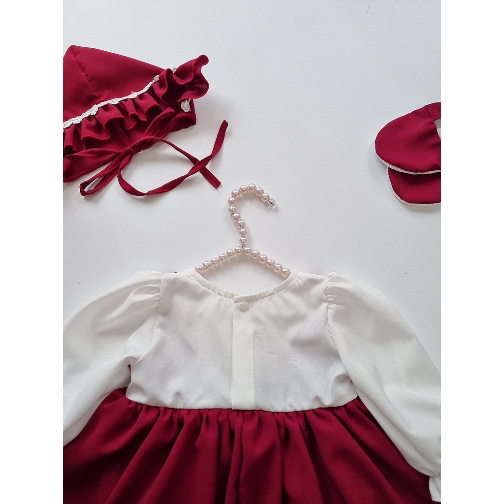 Bodysuit cho bé gái sơ sinh chất liệu cao cấp ⚡𝗙𝗥𝗘𝗘𝗦𝗛𝗜𝗣⚡ Set body váy đỏ mận kèm mũ và giày vải cho bé gái siêu xinh