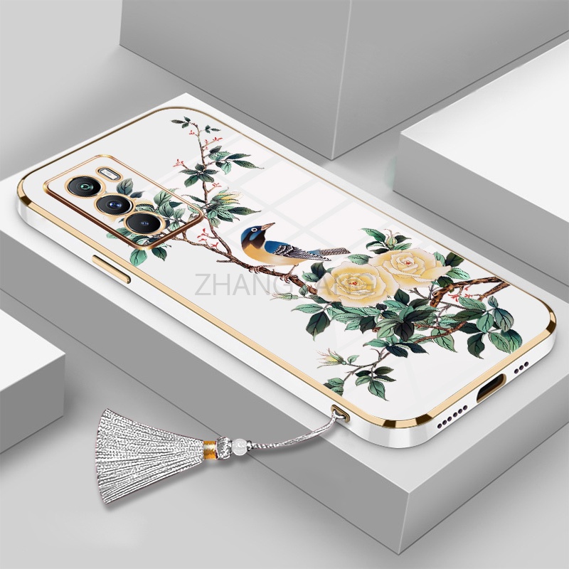 ốp lưng oppo reno 6 4G reno 8 reno 7 4G reno 7se reno 7 pro Vỏ điện thoại di động TPU hoa văn chim và hoa được mạ điện có dây buộc tua