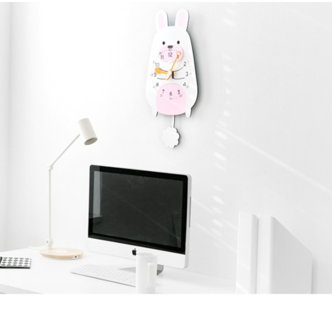 Đồng hồ treo tường, Đồng hồ trang trí kim trôi hình con thỏ màu hồng trắng - Rabit wall clock