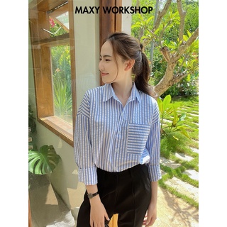 Áo sơ mi nữ tay dài sọc xanh trắng dáng rộng blue ocean shirt
