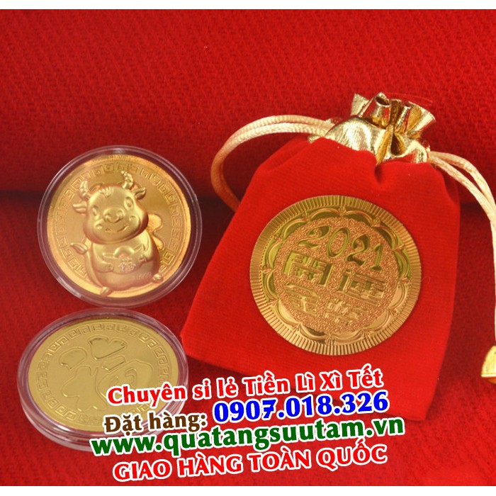 (CHUYÊN SỈ) ĐỒNG XU TRÂU MẠ VÀNG KÈM TÚI GẤM ĐỎ MAY MẮN (GIÁ RẺ)