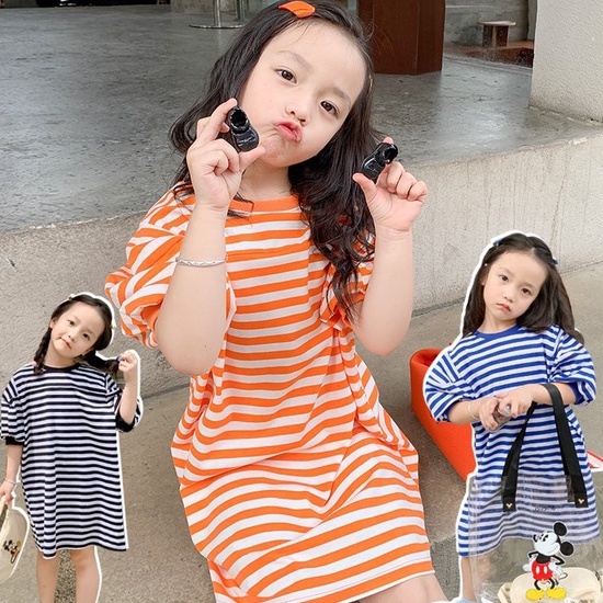 Đầm thun dài cổ tròn dáng rộng họa tiết kẻ sọc thời trang mùa hè dành cho bé gái 3-8 tuổi