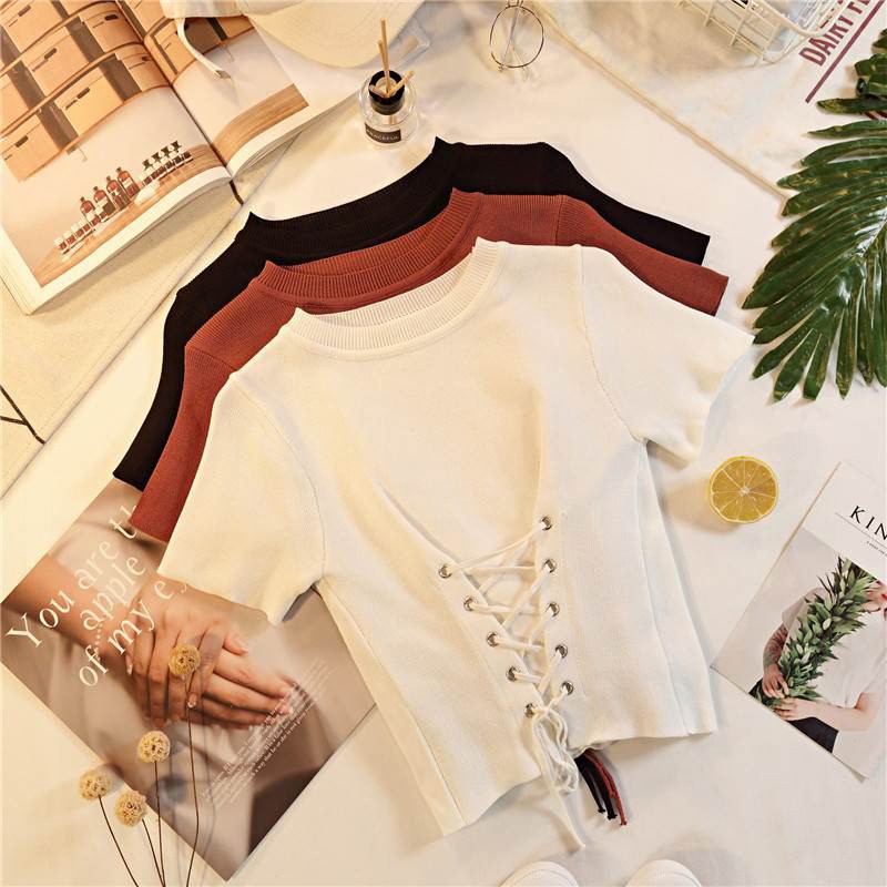 FREESHIP ĐƠN 99K_ Áo Croptop dệt kim tay ngắn thiết kế cổ tròn thanh lịch