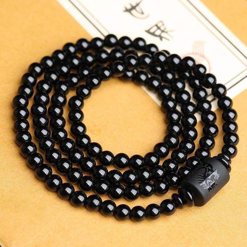 Vòng tay chuỗi hạt đá Obsidian màu đen phong cách dân tộc cho nam và nữ