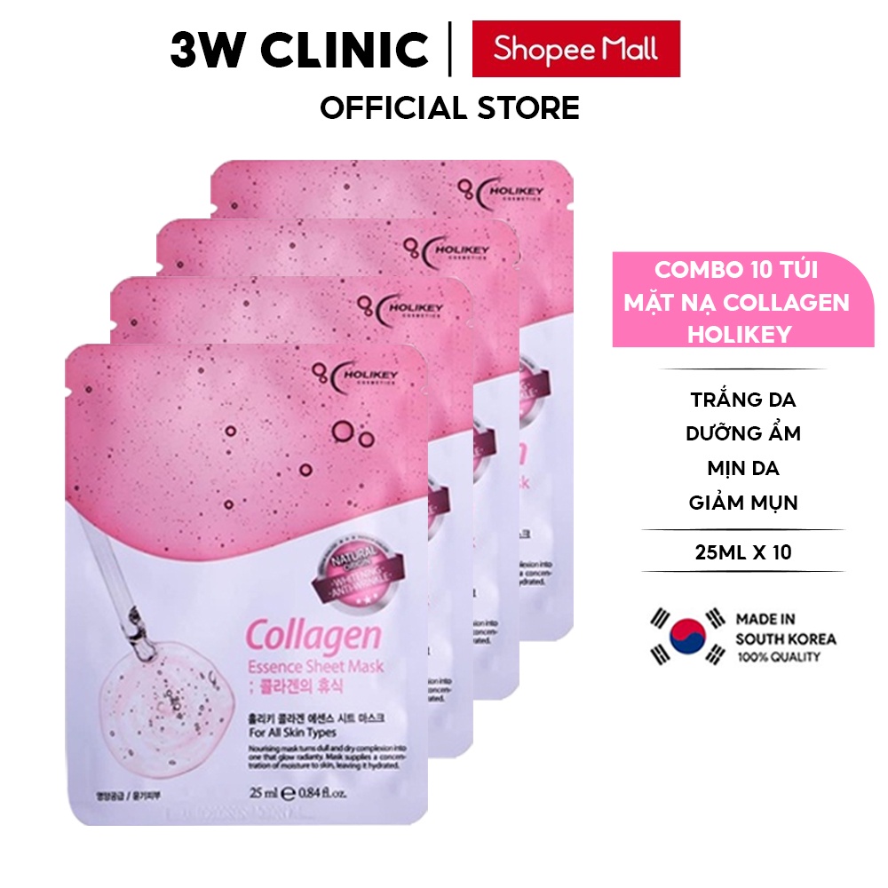 Hộp 10 Túi Mặt nạ giấy dưỡng da HOLIKEY Hàn Quốc chiết xuất từ Collagen làm căng &amp; trắng da 25mlx10
