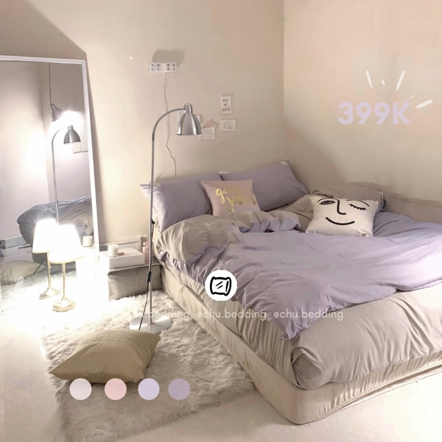 Bộ chăn ga gối cotton đũi: tím ánh xám mix beige xám