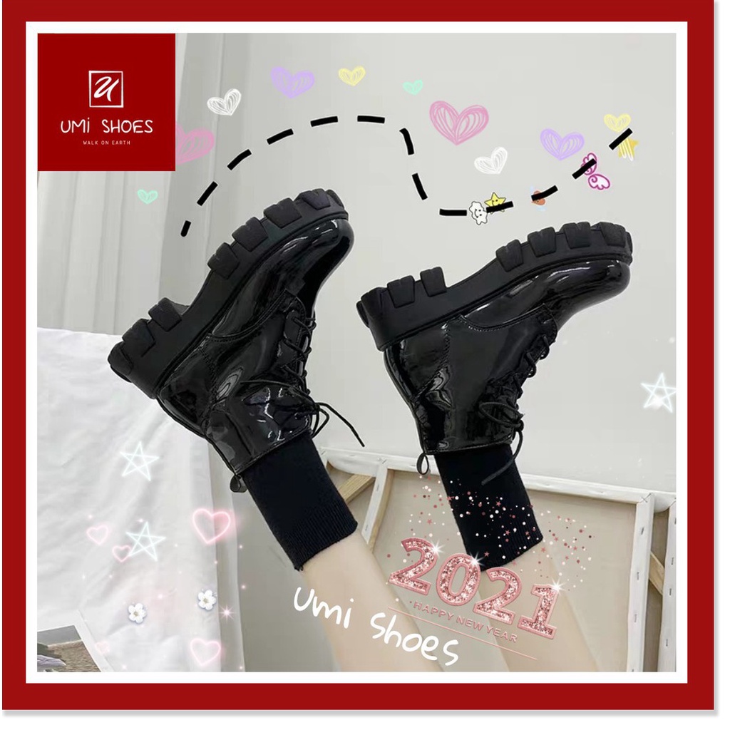 𝔹𝕆𝕊𝕊 𝕊ℍ𝕆𝔼𝕊 ⚜️ Giày bốt nữ ulzzang cổ lửng da bóng/da lì đế cao 5cm to bự cá tinh màu đen buộc dây mẫu mới hot tr