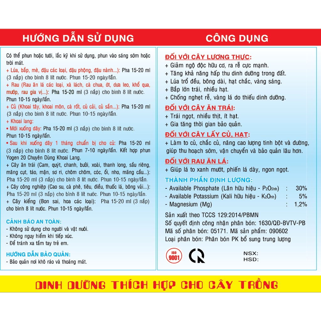 Phân bón Yophos siêu lân hạ phèn ra rễ cực mạnh, giảm độc hữu cơ, chống nghẹt rễ, vàng lá, làm to củ, to quả - 100ml