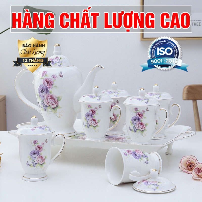 Bộ cốc chén ly tách sứ xương cao cấp với họa tiết hoa hồng sống động  mới nhất 2021