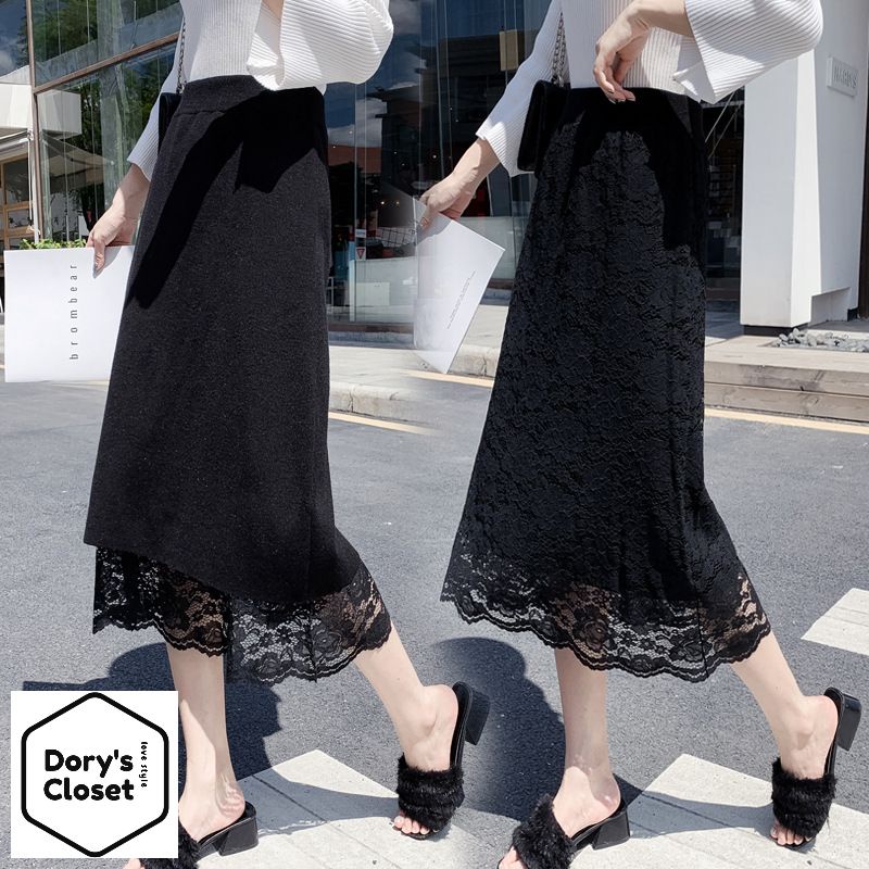 Chân váy len vintage dài ren hoa hai lớp dày dặn Dory's Closet