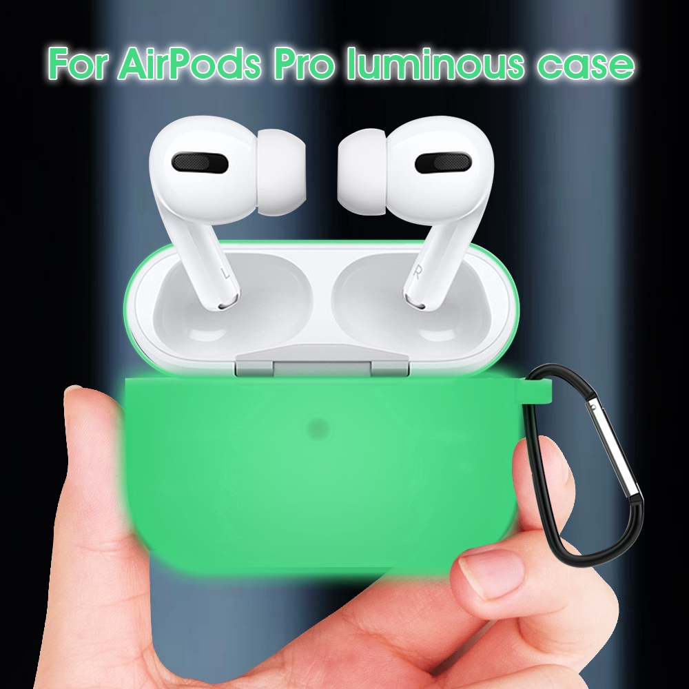 Vỏ bảo vệ hộp sạc tai nghe Silicon màu dạ quang kèm móc cho AirPods Pro