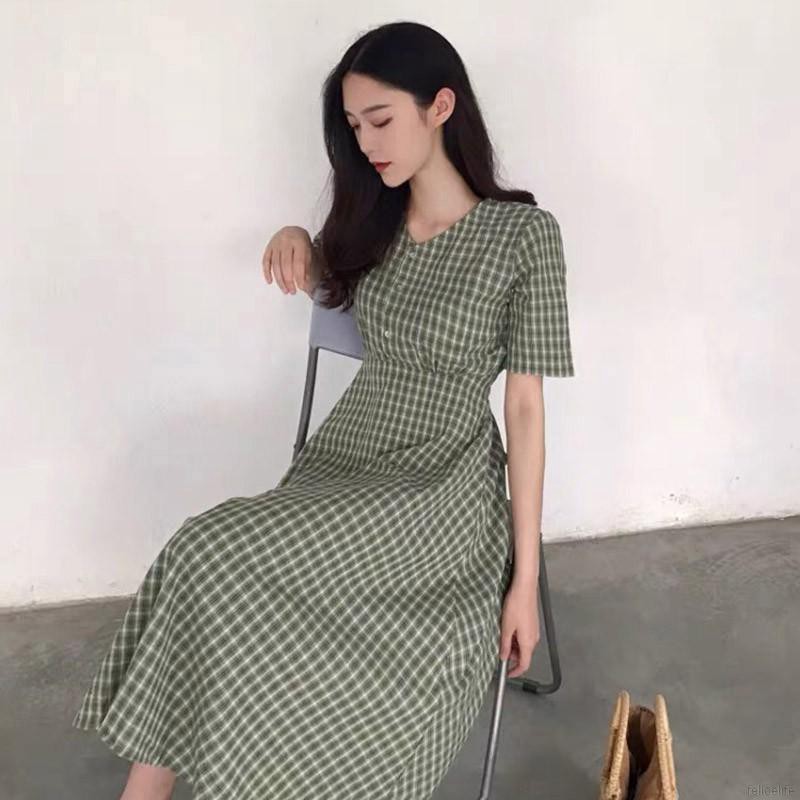 Đầm Nữ Cổ Tròn Họa Tiết Caro Thời Trang