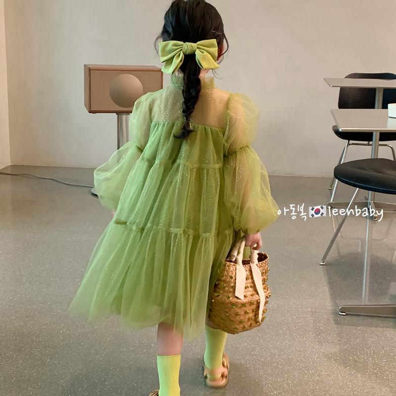 Đầm Công Chúa Tay Phồng Phối Ren Lưới Màu Xanh Lá Phong Cách Hàn Quốc Thời Trang Xuân Thu Cho Bé Gái