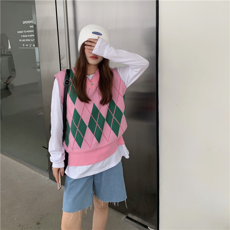 Xiaozhainv Áo len không tay thiết kế họa tiết hình học phong cách thời trang Hàn Quốc