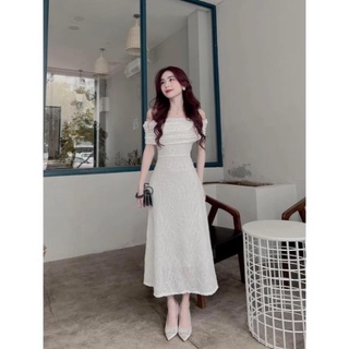 Đầm midi gân trắng bẹt vai gấp