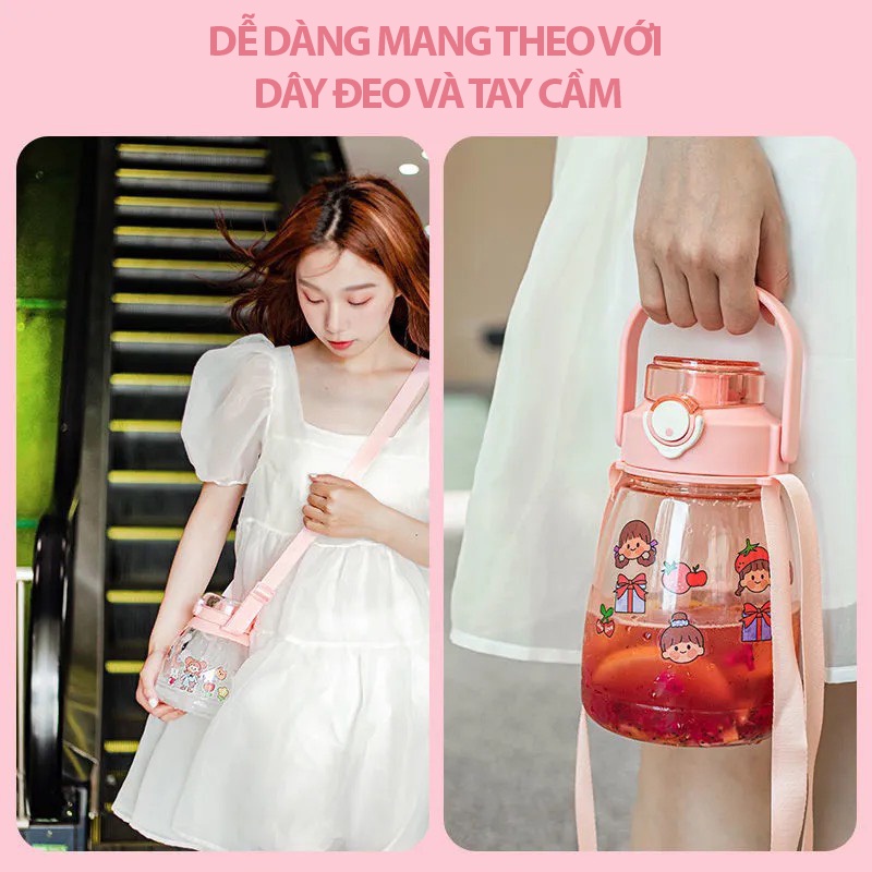 Bình Nước Cute Có Ống Hút Nhựa Dễ Thương Cho Bé Đi Học 1300ml