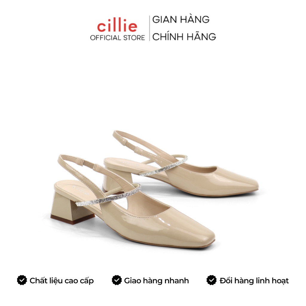 Giày sandal cao gót nữ bít mũi hở hậu quai ngang mảnh đính đá tiểu thư nhẹ nhàng đi chơi đi làm Cillie 1165