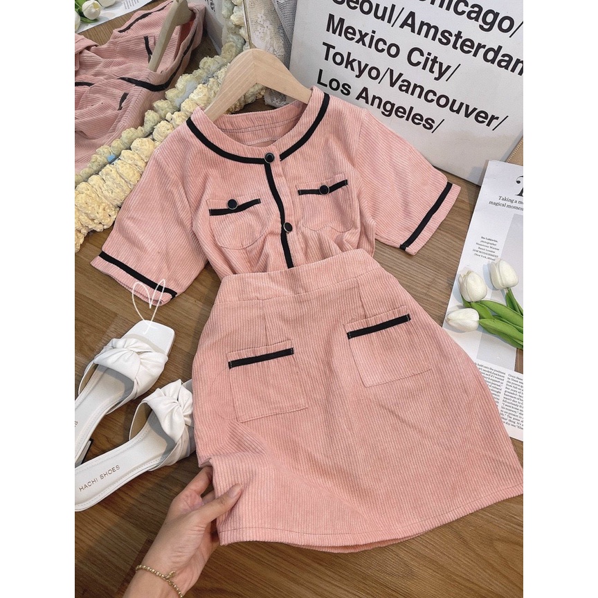 SET NHUNG GÂN ÁO HỒNG VIỀN ĐEN + CHÂN VÁY HỒNG LÓT QUẦN