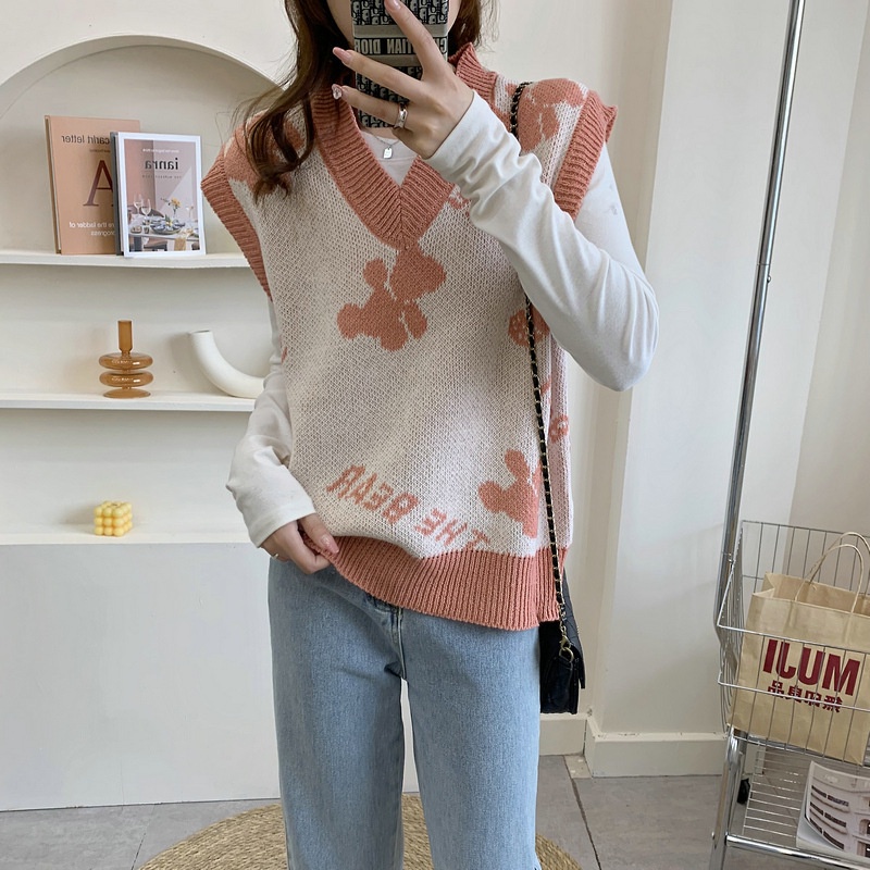 IELGY  Áo sweater Dệt Kim Không Tay Dáng Rộng In Hình Gấu Dễ Thương Cho Nữ