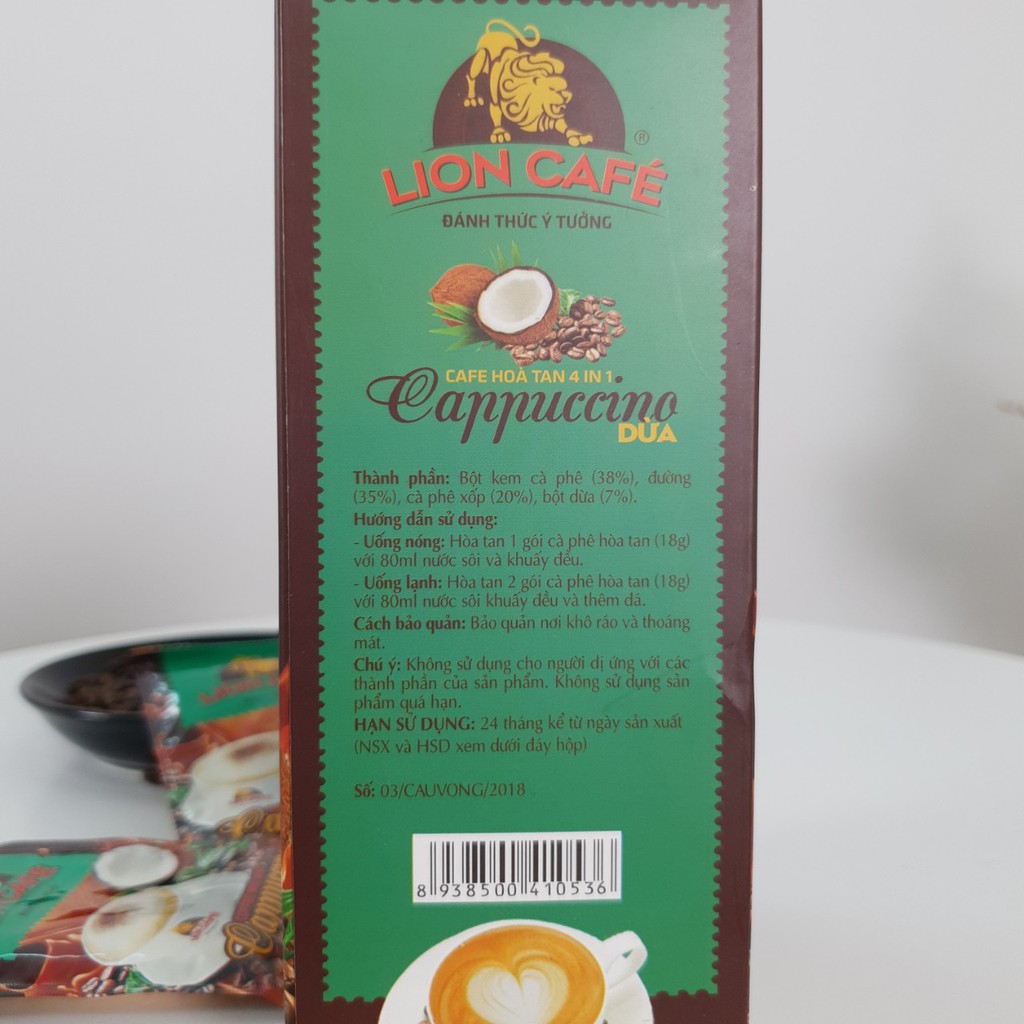 Cafe Hoà Tan Lion 4in1 Capuccino Vị Dừa 360gr ( 20 que * 18g ) Ngon như pha phin Đậm vị Cà phê sạch nguyên chất