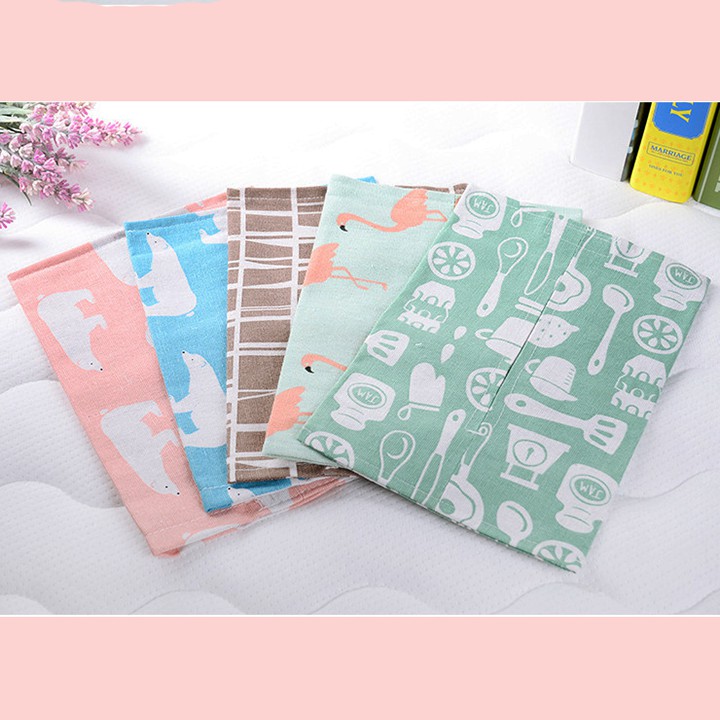 HCM- Túi vải đựng khăn giấy họa tiết gấu hạc xanh ấm trà và vân gỗ