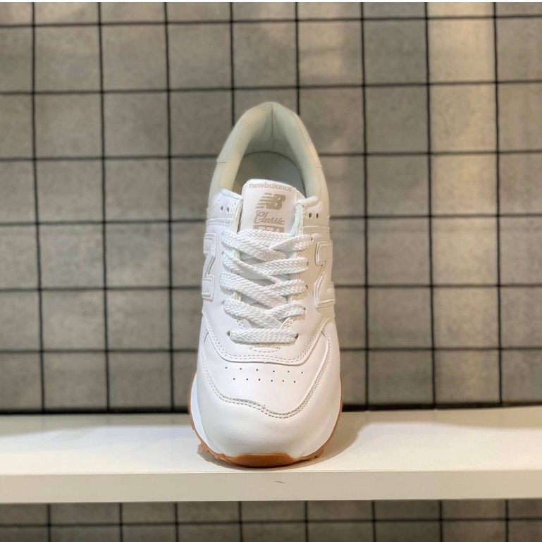 Giày Sneaker Nữ NB 574 Trắng Đế Nâu Da Trơn