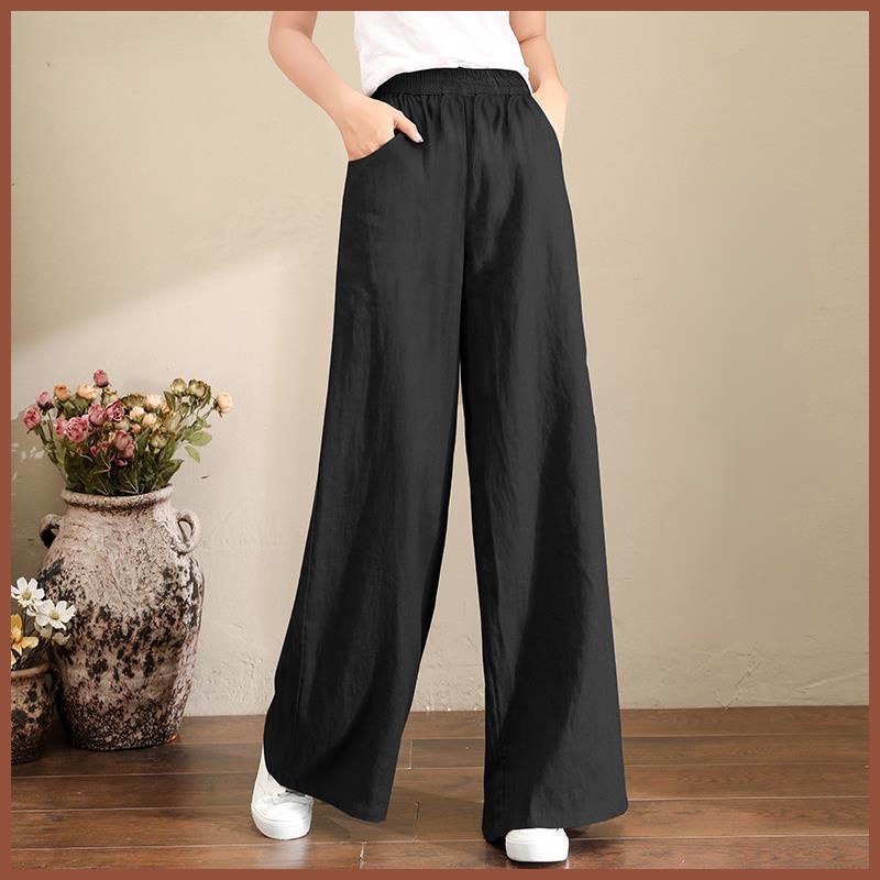Quần Cotton Lanh Ống Rộng Lưng Thun Rút Dây Size Lớn Thời Trang Mùa Hè Cho Nữ