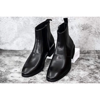 Giày thời trang nam phong cách Zip Boots màu đen chất liệu da bò nguyên tấm độn 4.5cm