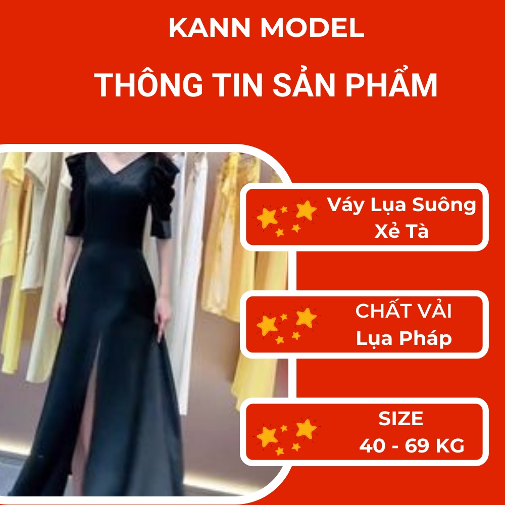 Váy đen Kann Model dáng suông dài, xẻ tà tay lững tôn dáng vải lụa cao cấp HV9