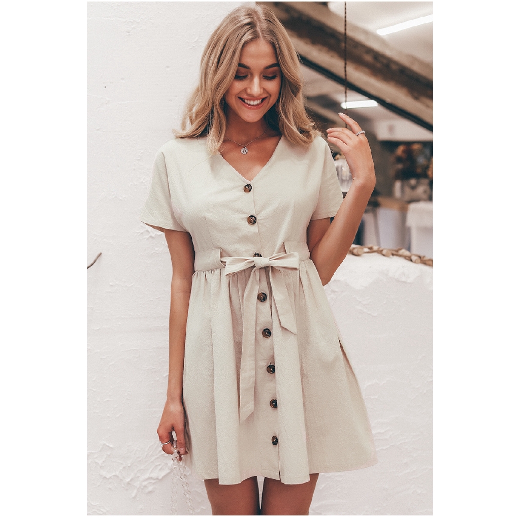 fashion women slim plain button v neck belt short sleeve summer street dress