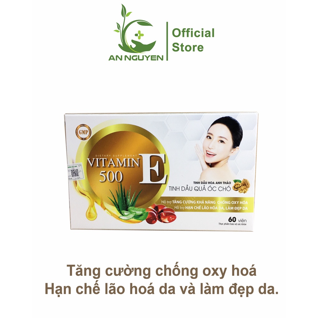 Viên uống đẹp da Vitamin E đỏ 60 viên - VITAMIN E500 - Tinh dầu hoa anh thảo - giúp làm sáng mịn da ,mờ nám