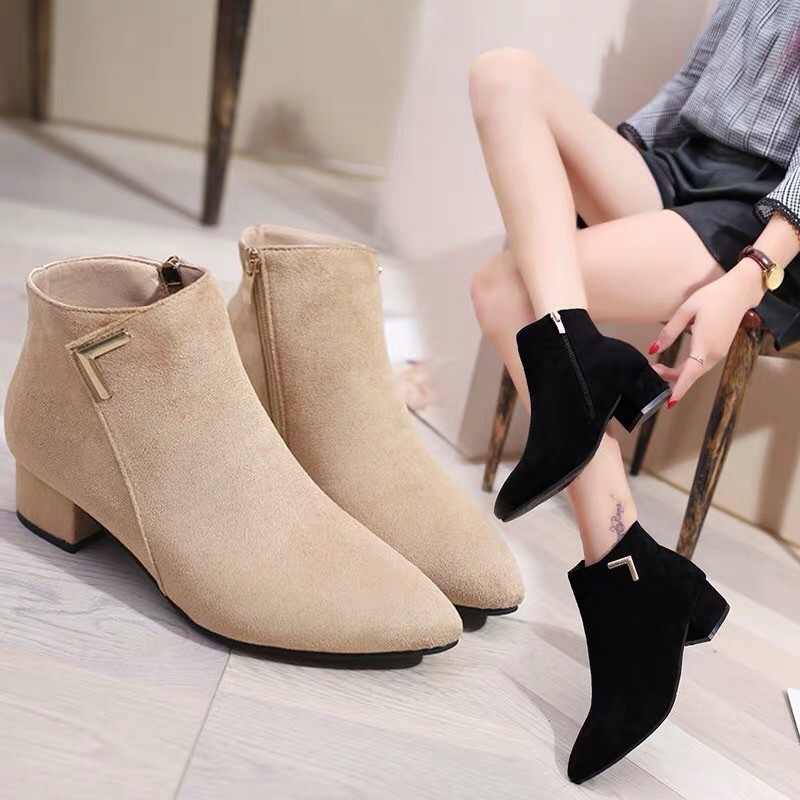 Boots nữ, bốt nữ da lộn cổ thấp đế thấp