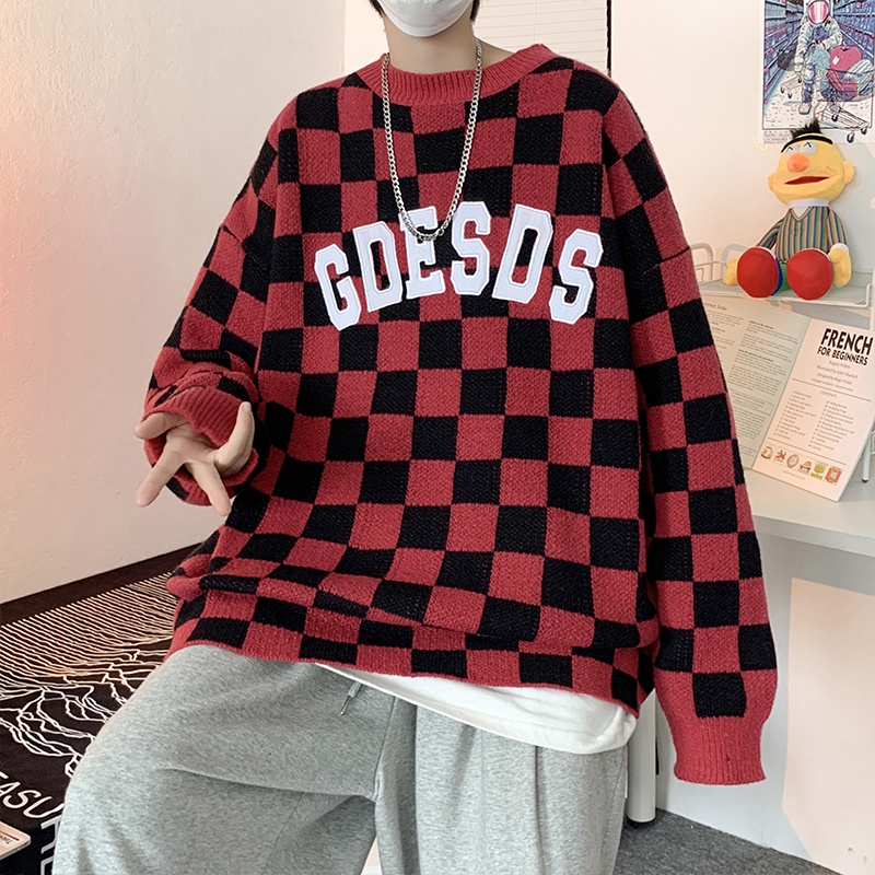 Áo sweater dệt kim dáng rộng in họa tiết bàn cờ thời trang đường phố Mỹ cổ điển giản dị cho nam