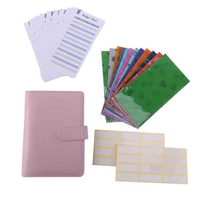 Sổ còng lá rời với phong bì đựng tiền mặt/ 12 phong bì dạng mở dáng dọc có đục lỗ dùng lập kế hoạch thu chi màu hồng