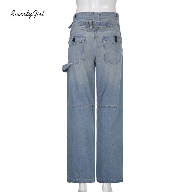 Quần Jean Dài Dáng Rộng Lưng Thấp Màu Trơn Phối Túi Thời Trang 2022 Cho Nữ