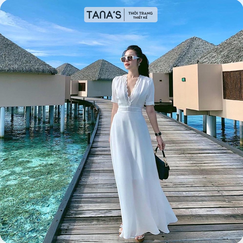 Đầm maxi trắng cổ V viền ren sang trọng
