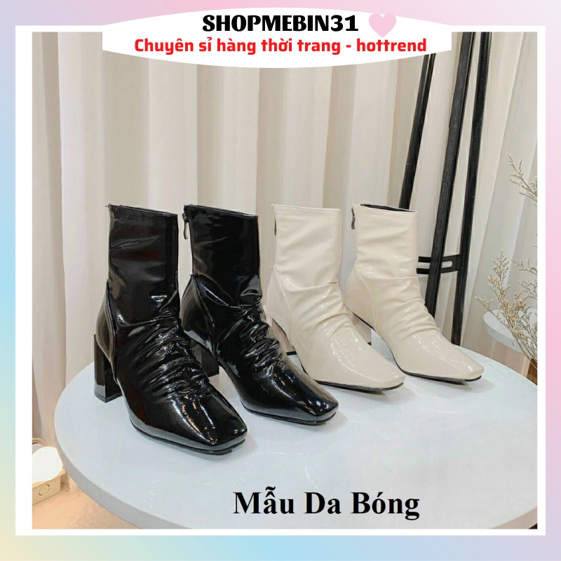 Boot Nữ Cổ Cao Bốt Cổ Nhăn Cao Cách Điệu Gót Vuông 8 Phân Chất Da Bóng Và Da mờ (Fullbox QC_F1) - Hàng nhập khẩu