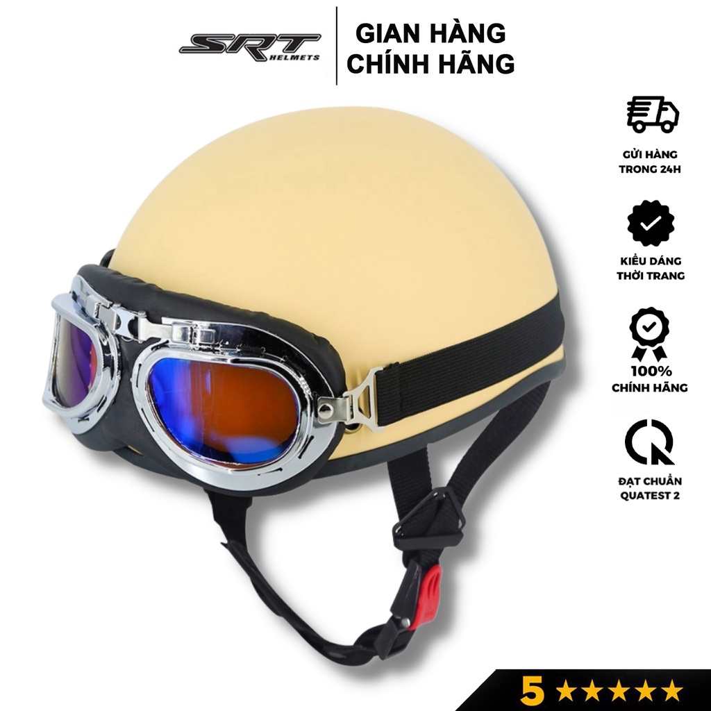 Mũ bảo hiểm nửa đầu SRT ASA05, nón trơn màu cao cấp Freesize vòng đầu từ 54-60cm, kèm kính phi công, UV