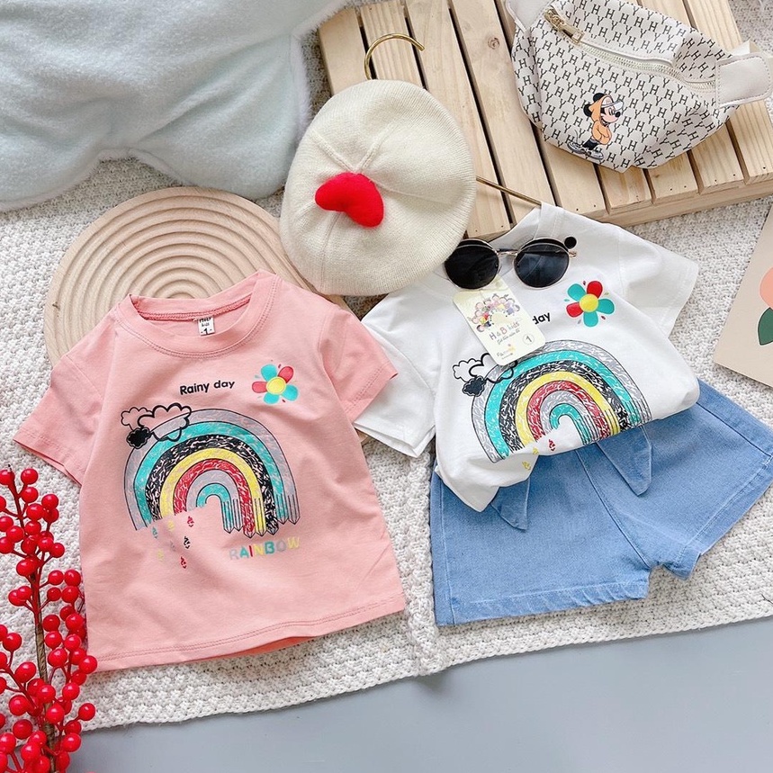 Set Áo Cotton Tàu In Họa Tiết Cầu Vồng Kèm Quần Jean Cho Bé Gái MINTSCLOSET Size 2- 5 tuổi - GA2019