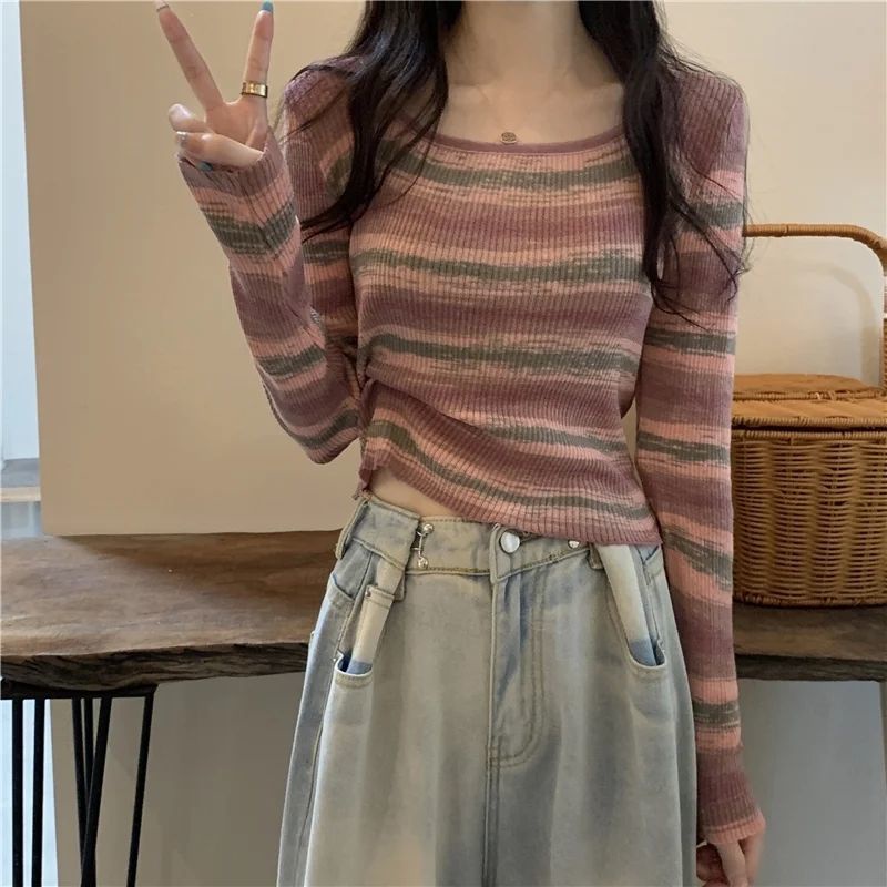 Áo Thun Tay Dài Dáng Ngắn Họa Tiết Kẻ Sọc Màu Tương Phản Phong Cách Retro Mới