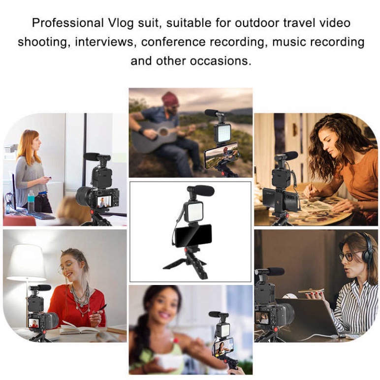 Bộ thiết bị Vlog cho điện thoại bao gồm mic thu âm và đèn LED  - Gậy quay phim, chụp ảnh, live stream 3 chân kèm micro