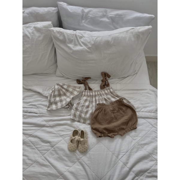 Set caro cột dây + nón xám nhạt em bé Nanci room